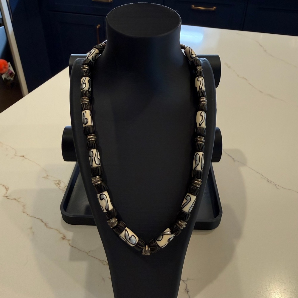 Artisan Hand Painted Black Cream Beaded Statement Necklace Global Folk Art